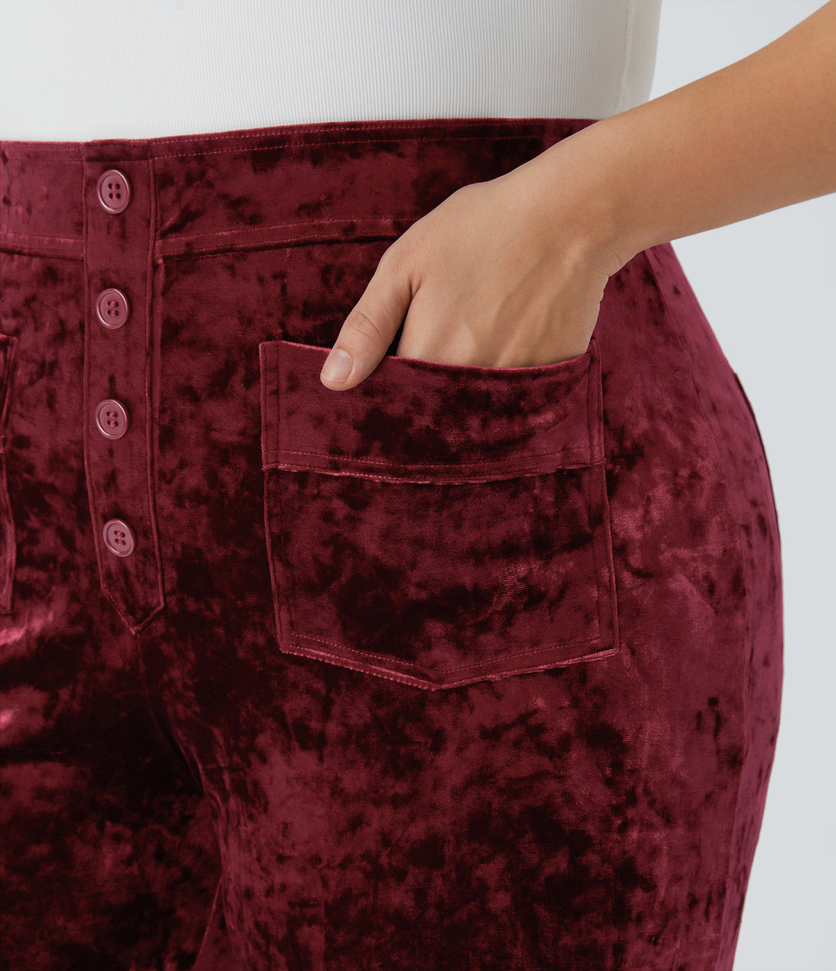 High Waisted Button Multiple Pockets Straight Leg Velvet Casual Plus Size Trousers — Burgundy — view 4