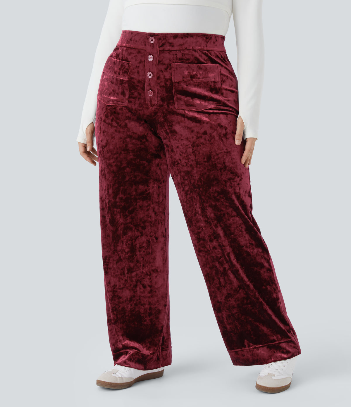 High Waisted Button Multiple Pockets Straight Leg Velvet Casual Plus Size Trousers — Burgundy — view 1