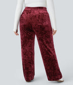 High Waisted Button Multiple Pockets Straight Leg Velvet Casual Plus Size Trousers — Burgundy — view 2