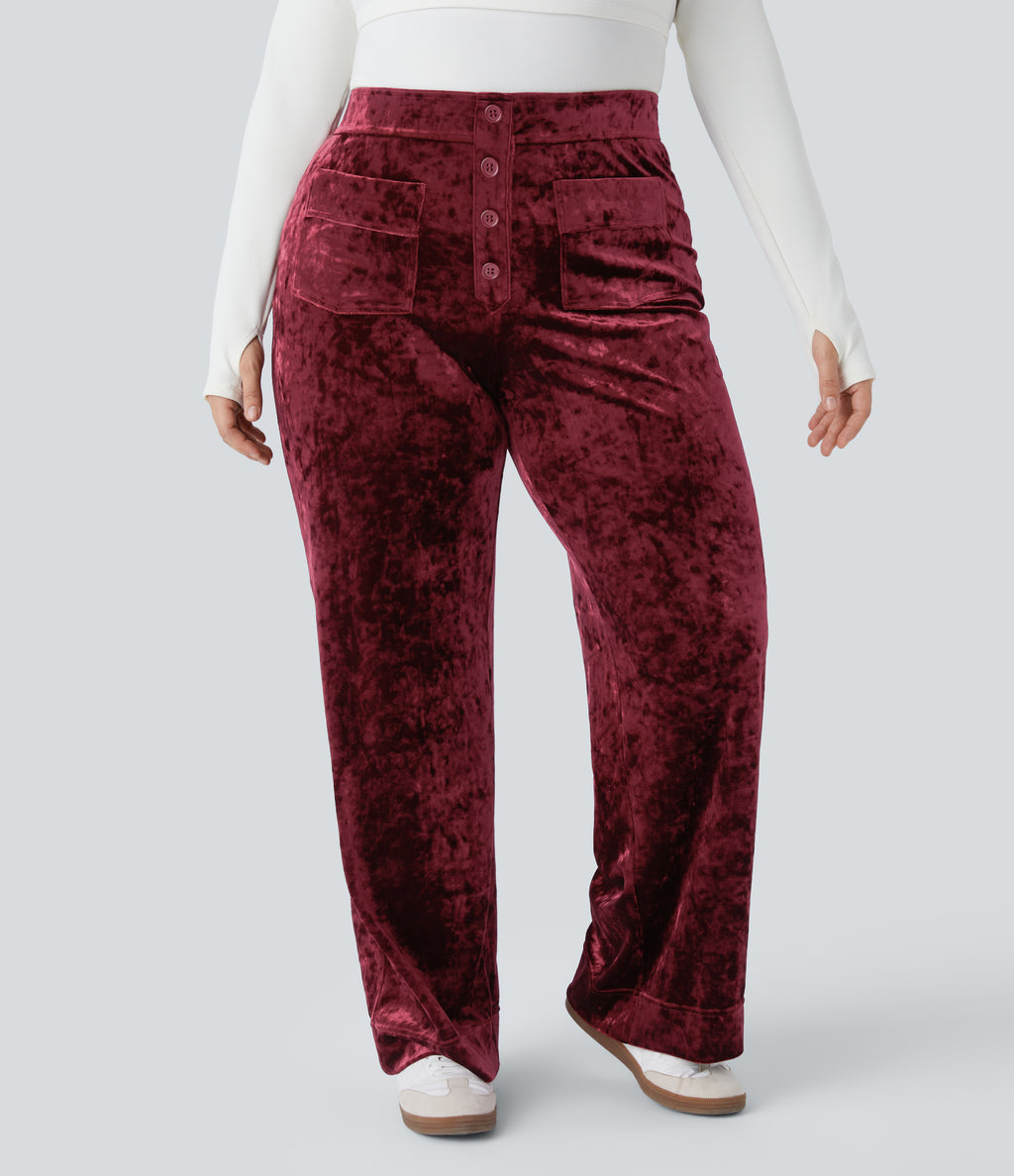 High Waisted Button Multiple Pockets Straight Leg Velvet Casual Plus Size Trousers — Burgundy — view 3
