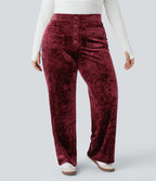High Waisted Button Multiple Pockets Straight Leg Velvet Casual Plus Size Trousers — Burgundy — view 3
