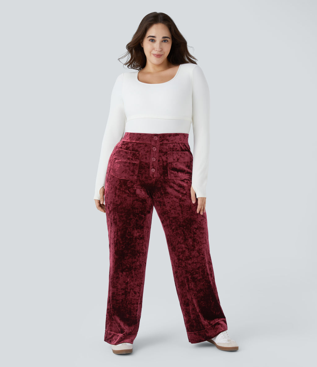 High Waisted Button Multiple Pockets Straight Leg Velvet Casual Plus Size Trousers — Burgundy — view 6