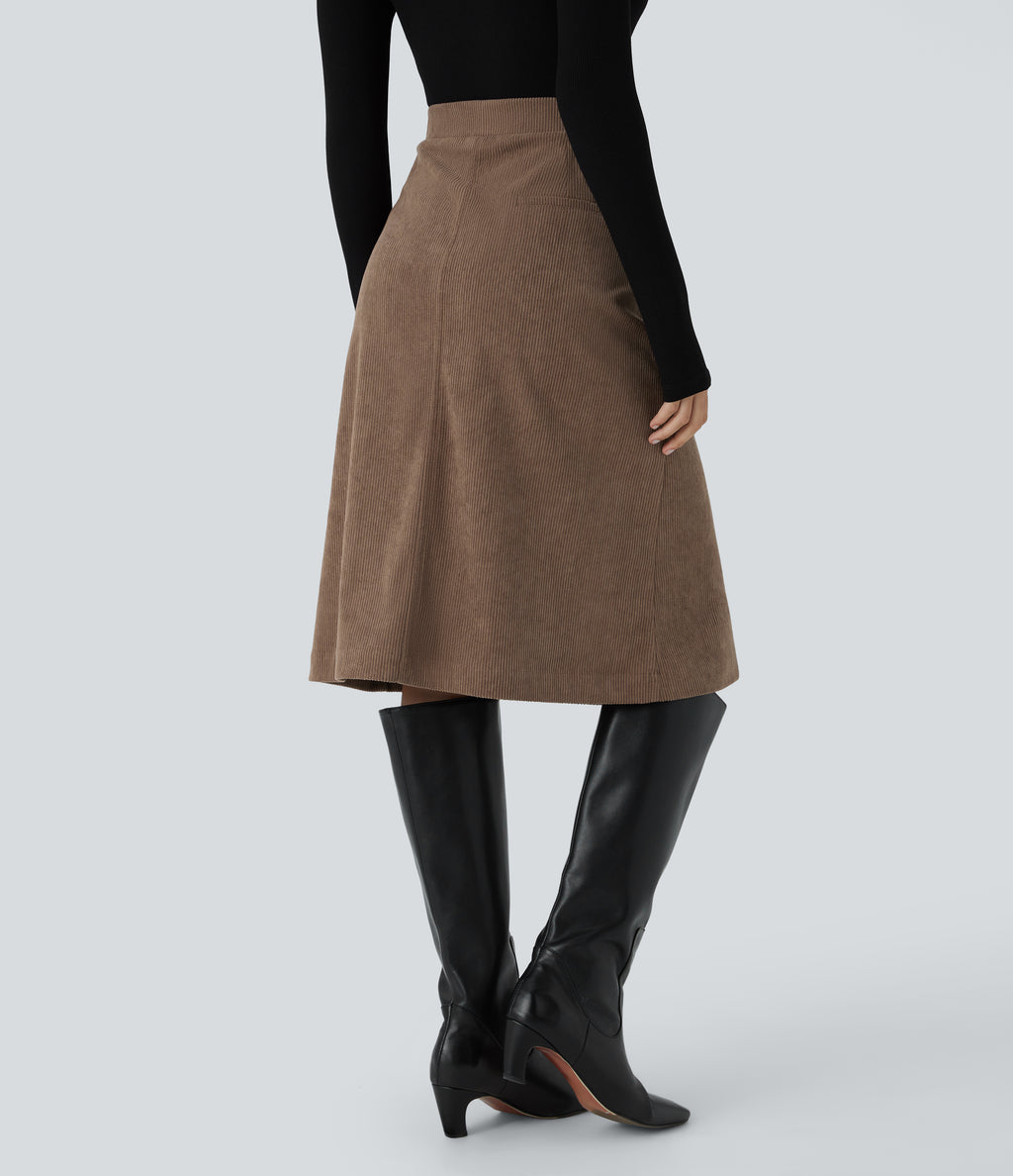 Mid Rise Front Side Flap Pocket Midi Corduroy Casual Skirt — Acorn — view 2