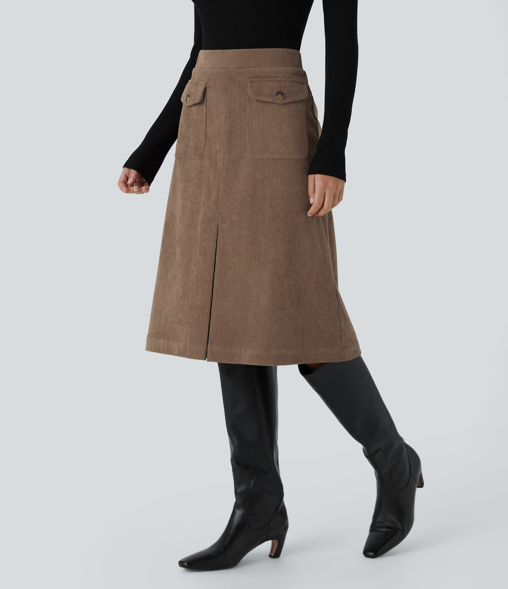 Mid Rise Front Side Flap Pocket Midi Corduroy Casual Skirt — Acorn — view 3