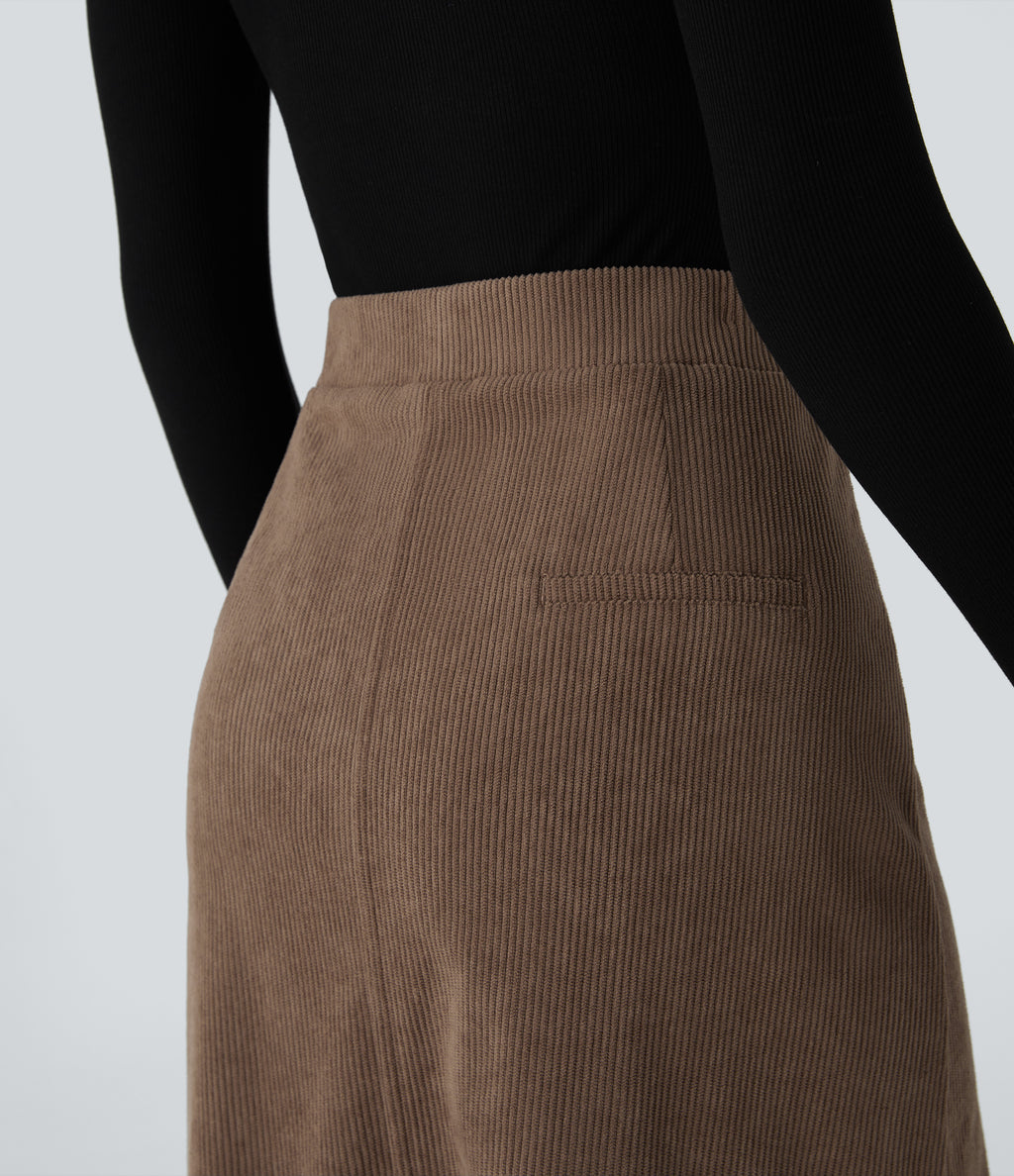 Mid Rise Front Side Flap Pocket Midi Corduroy Casual Skirt — Acorn — view 5