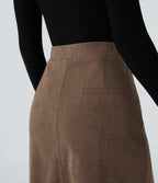 Mid Rise Front Side Flap Pocket Midi Corduroy Casual Skirt — Acorn — view 5