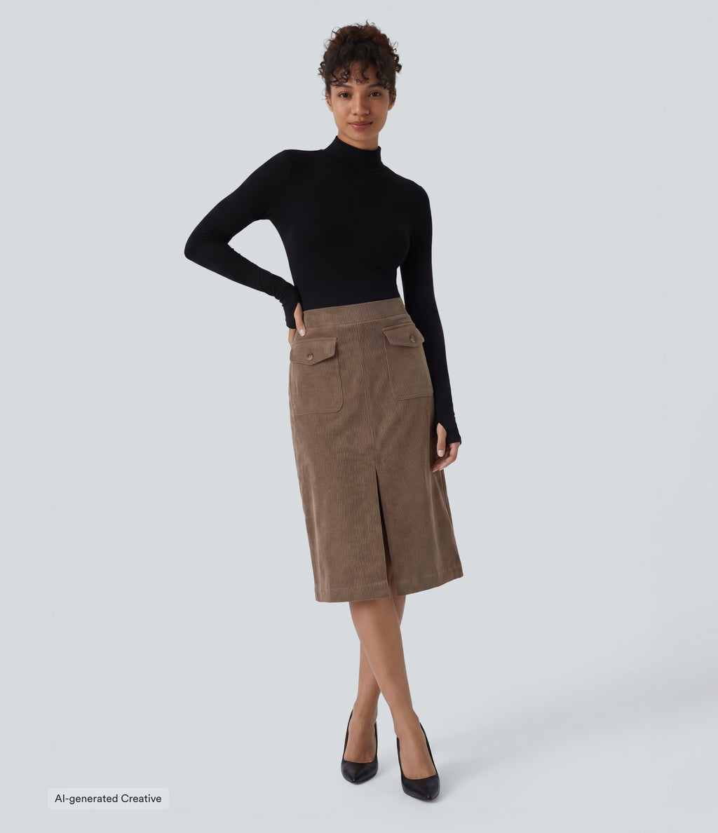 Mid Rise Front Side Flap Pocket Midi Corduroy Casual Skirt — Acorn — view 4