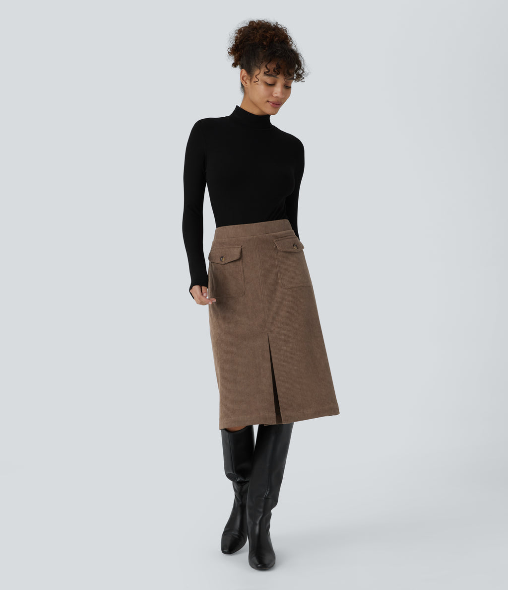 Mid Rise Front Side Flap Pocket Midi Corduroy Casual Skirt — Acorn — view 7