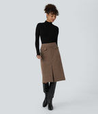 Mid Rise Front Side Flap Pocket Midi Corduroy Casual Skirt — Acorn — view 7