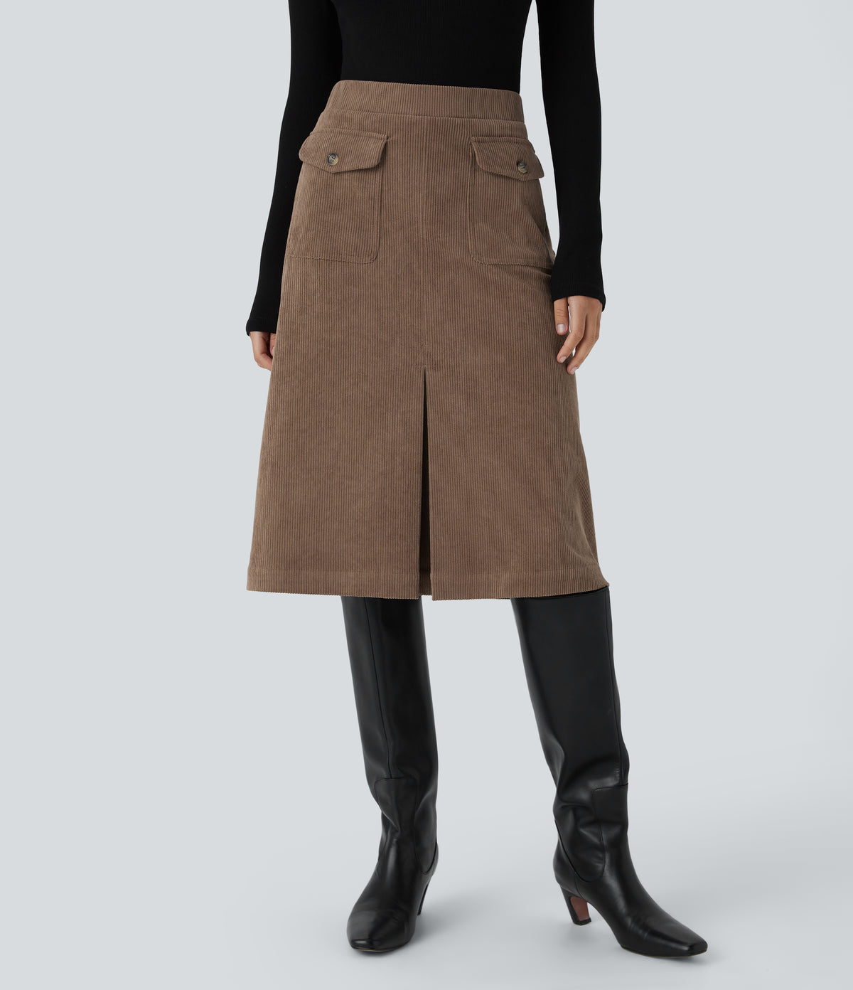 Mid Rise Front Side Flap Pocket Midi Corduroy Casual Skirt — Acorn — view 1