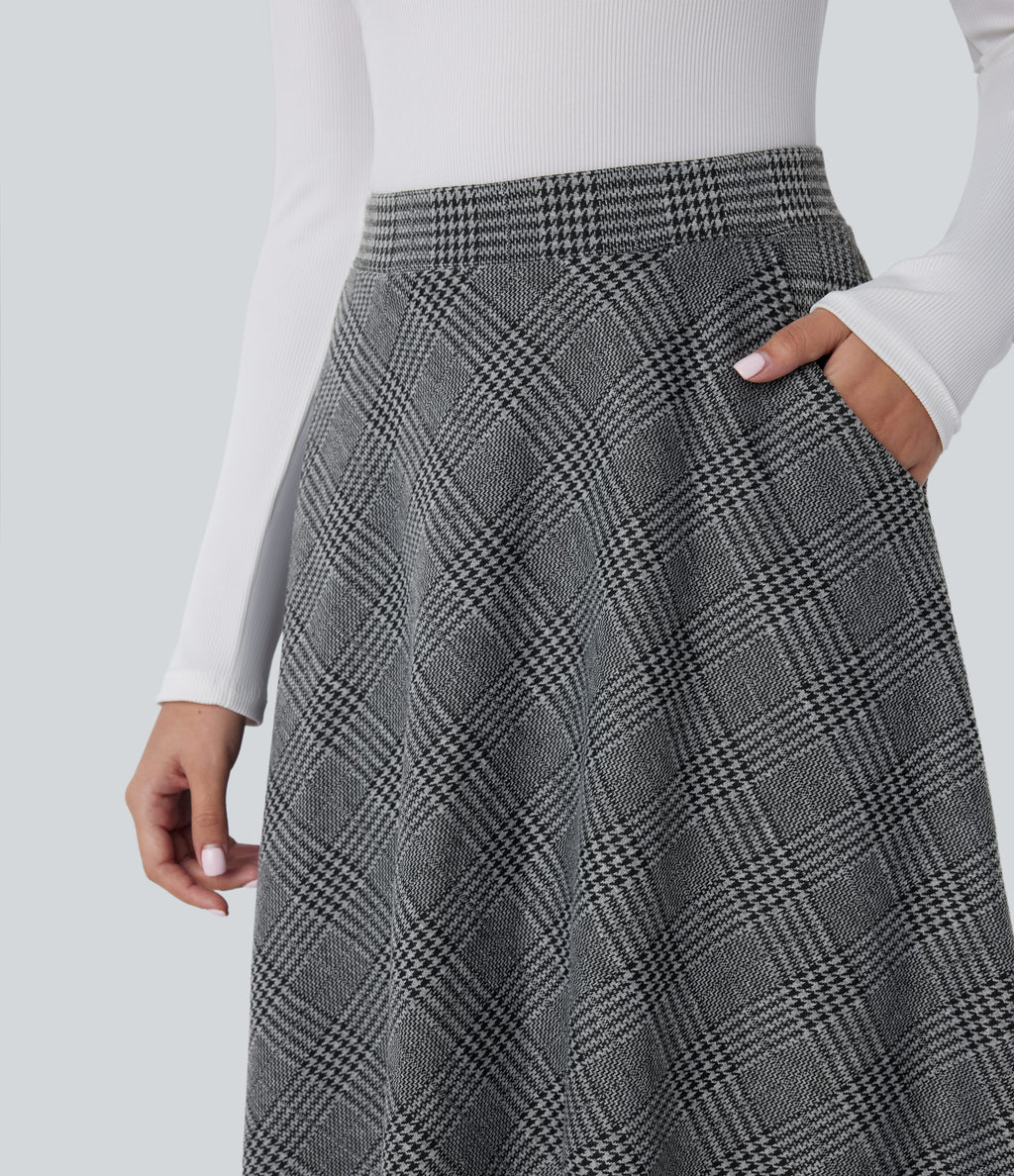 High Waisted Side Pocket Houndstooth Plaid Flare Midi Casual Skirt — Dark Gray Plaid — view 4