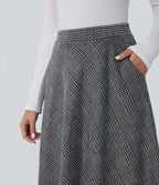 High Waisted Side Pocket Houndstooth Plaid Flare Midi Casual Skirt — Dark Gray Plaid — view 4