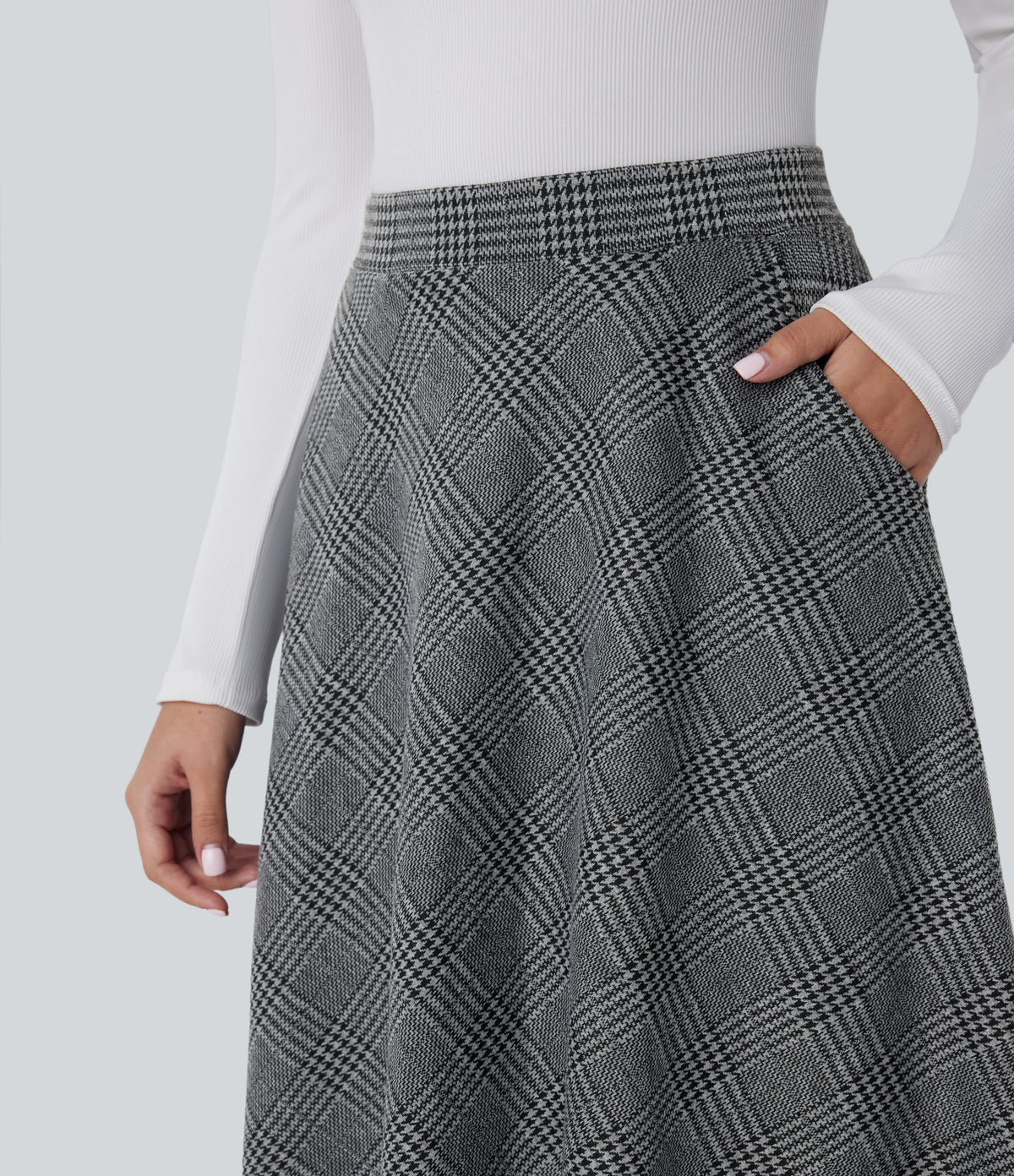 High Waisted Side Pocket Houndstooth Plaid Flare Midi Casual Skirt — Dark Gray Plaid — view 4