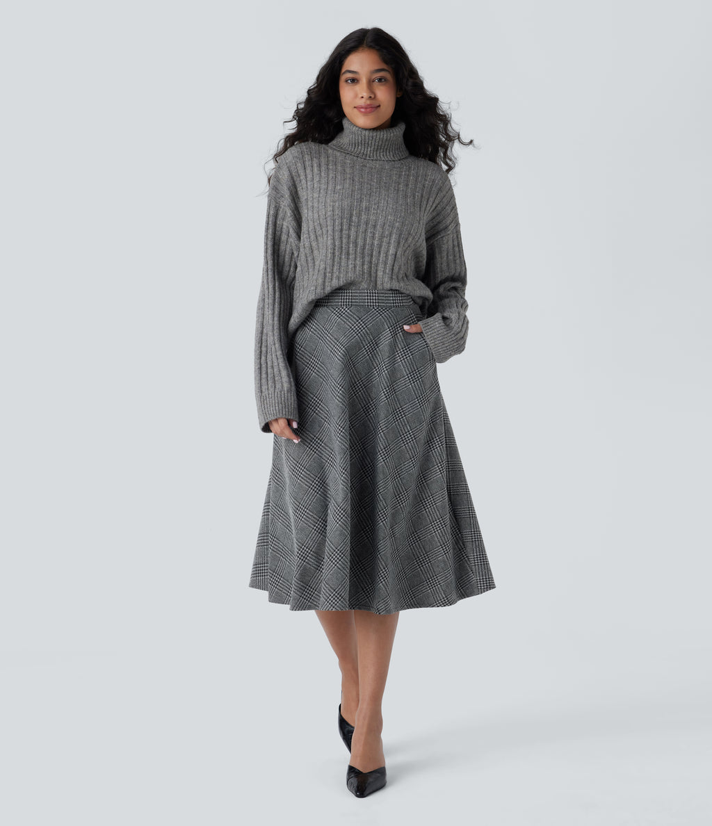 High Waisted Side Pocket Houndstooth Plaid Flare Midi Casual Skirt — Dark Gray Plaid — view 6