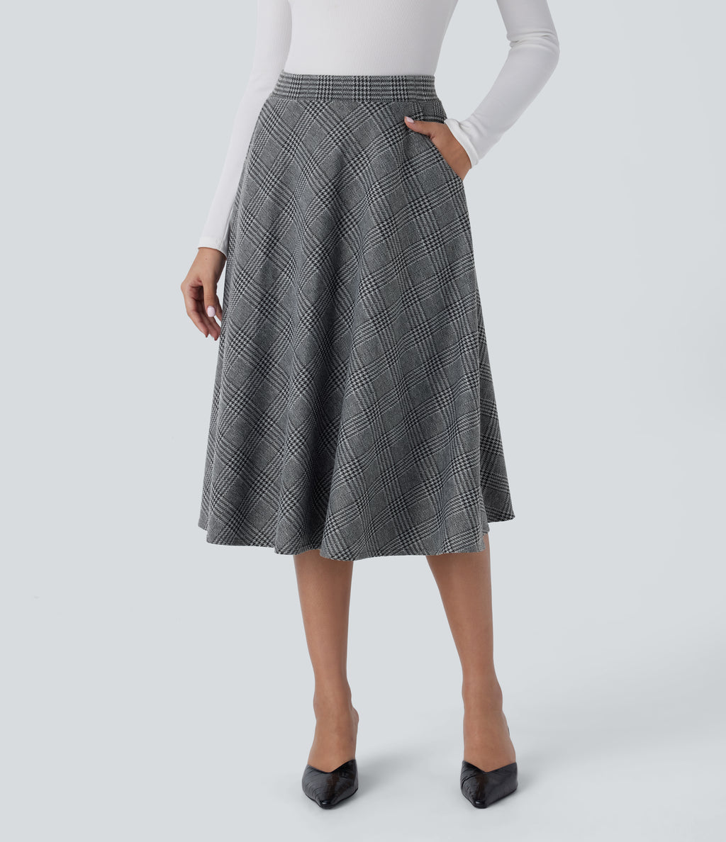 High Waisted Side Pocket Houndstooth Plaid Flare Midi Casual Skirt — Dark Gray Plaid — view 1