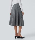 High Waisted Side Pocket Houndstooth Plaid Flare Midi Casual Skirt — Dark Gray Plaid — view 2