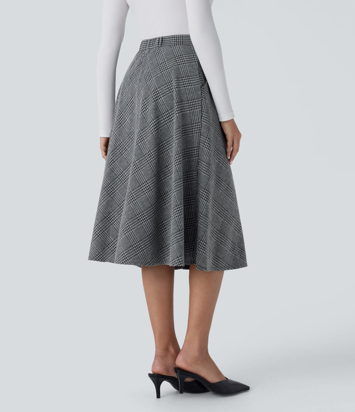 High Waisted Side Pocket Houndstooth Plaid Flare Midi Casual Skirt — Dark Gray Plaid — view 2