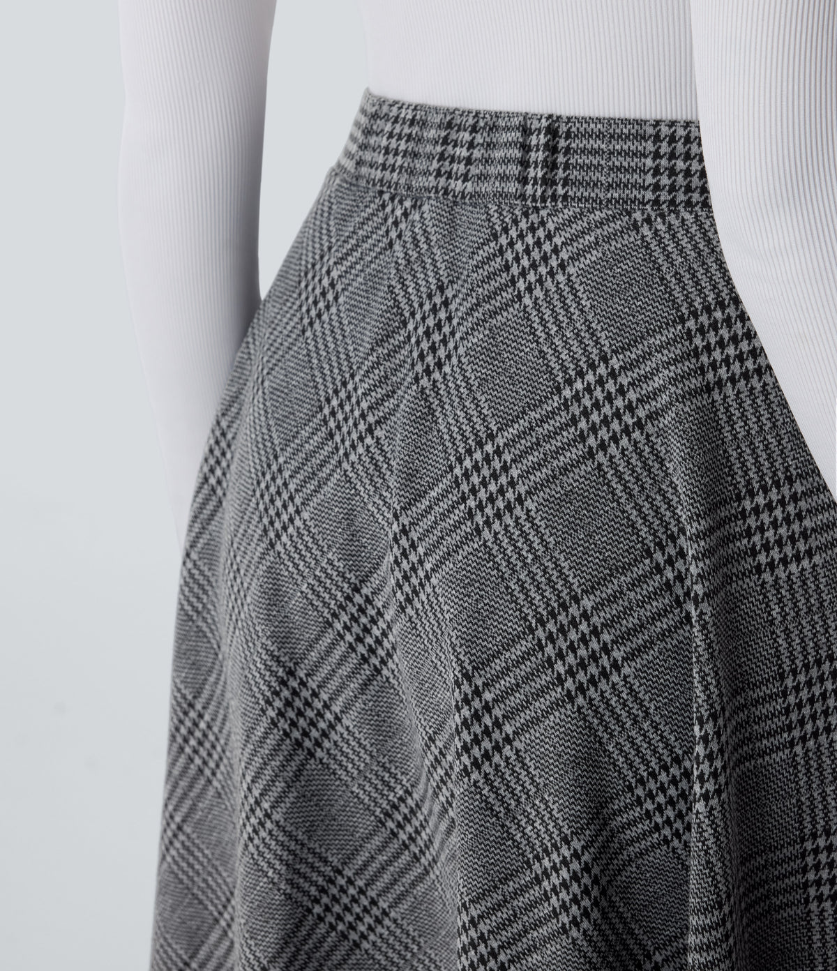 High Waisted Side Pocket Houndstooth Plaid Flare Midi Casual Skirt — Dark Gray Plaid — view 5