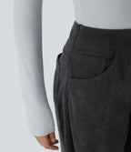High Waisted Pockets Wide Leg Corduroy Work Trousers — Phantom — view 6