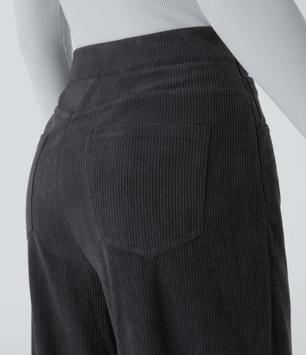 High Waisted Pockets Wide Leg Corduroy Work Trousers — Phantom — view 4
