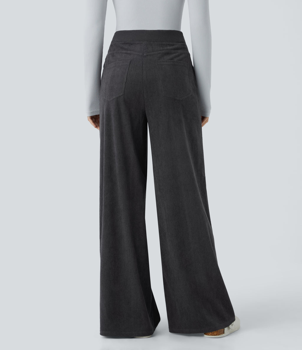 High Waisted Pockets Wide Leg Corduroy Work Trousers — Phantom — view 2