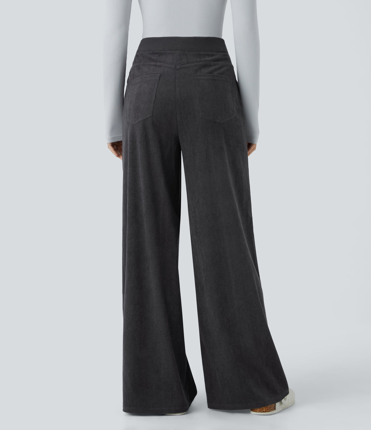 High Waisted Pockets Wide Leg Corduroy Work Trousers — Phantom — view 2