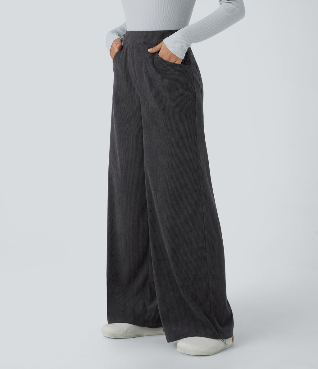 High Waisted Pockets Wide Leg Corduroy Work Trousers — Phantom — view 3