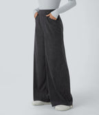 High Waisted Pockets Wide Leg Corduroy Work Trousers — Phantom — view 3