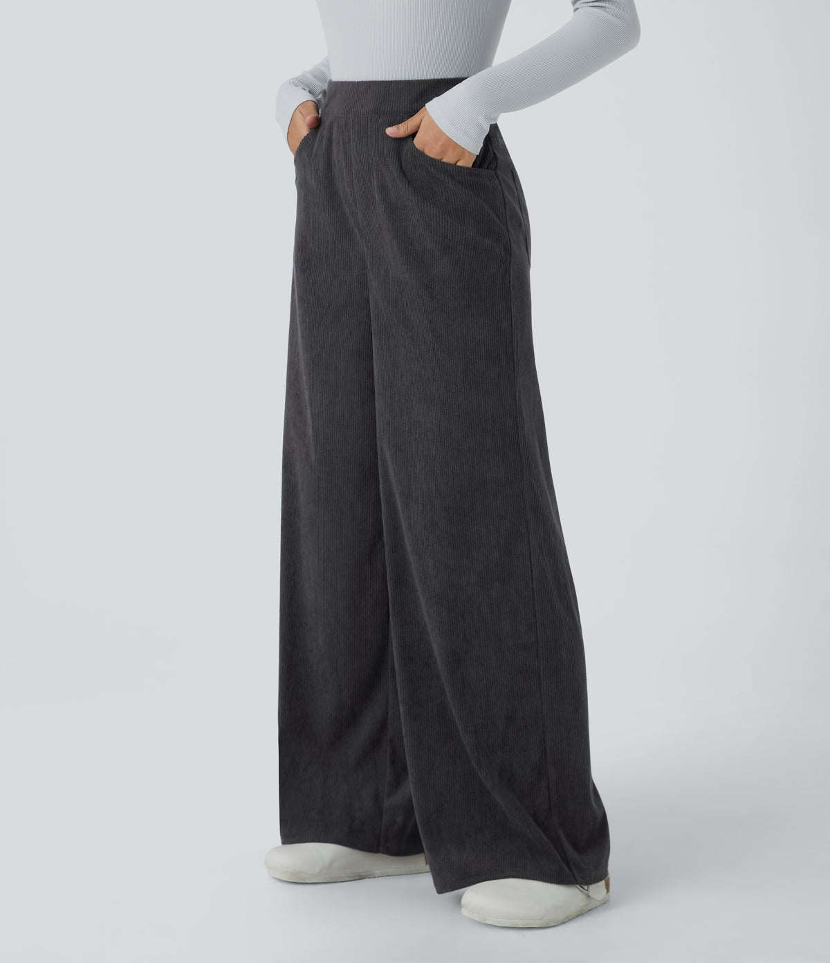 High Waisted Pockets Wide Leg Corduroy Work Trousers — Phantom — view 3