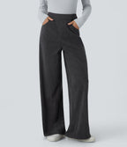 High Waisted Pockets Wide Leg Corduroy Work Trousers — Phantom — view 1