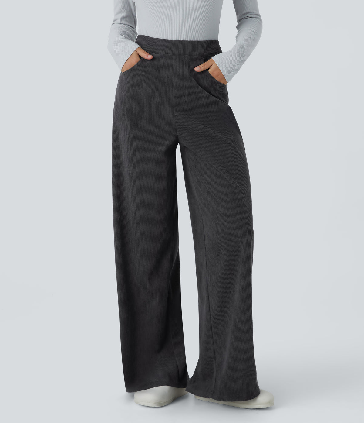 High Waisted Pockets Wide Leg Corduroy Work Trousers — Phantom — view 1
