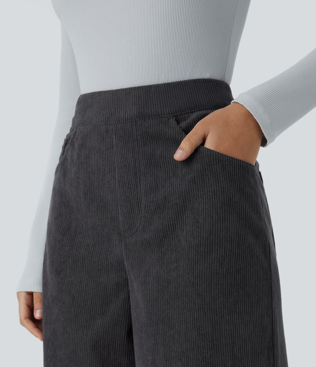 High Waisted Pockets Wide Leg Corduroy Work Trousers — Phantom — view 5