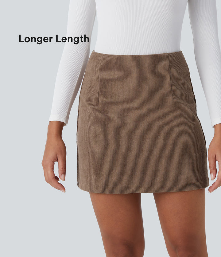 High Waisted 2-in-1 A Line Mini Corduroy Casual Skirt-Longer Length — Acorn — view 1