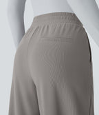 High Waisted Side Pocket Wide Leg Micro Waffle Work Trousers — Satellite — view 5