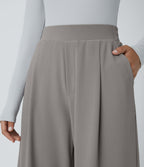 High Waisted Side Pocket Wide Leg Micro Waffle Work Trousers — Satellite — view 4