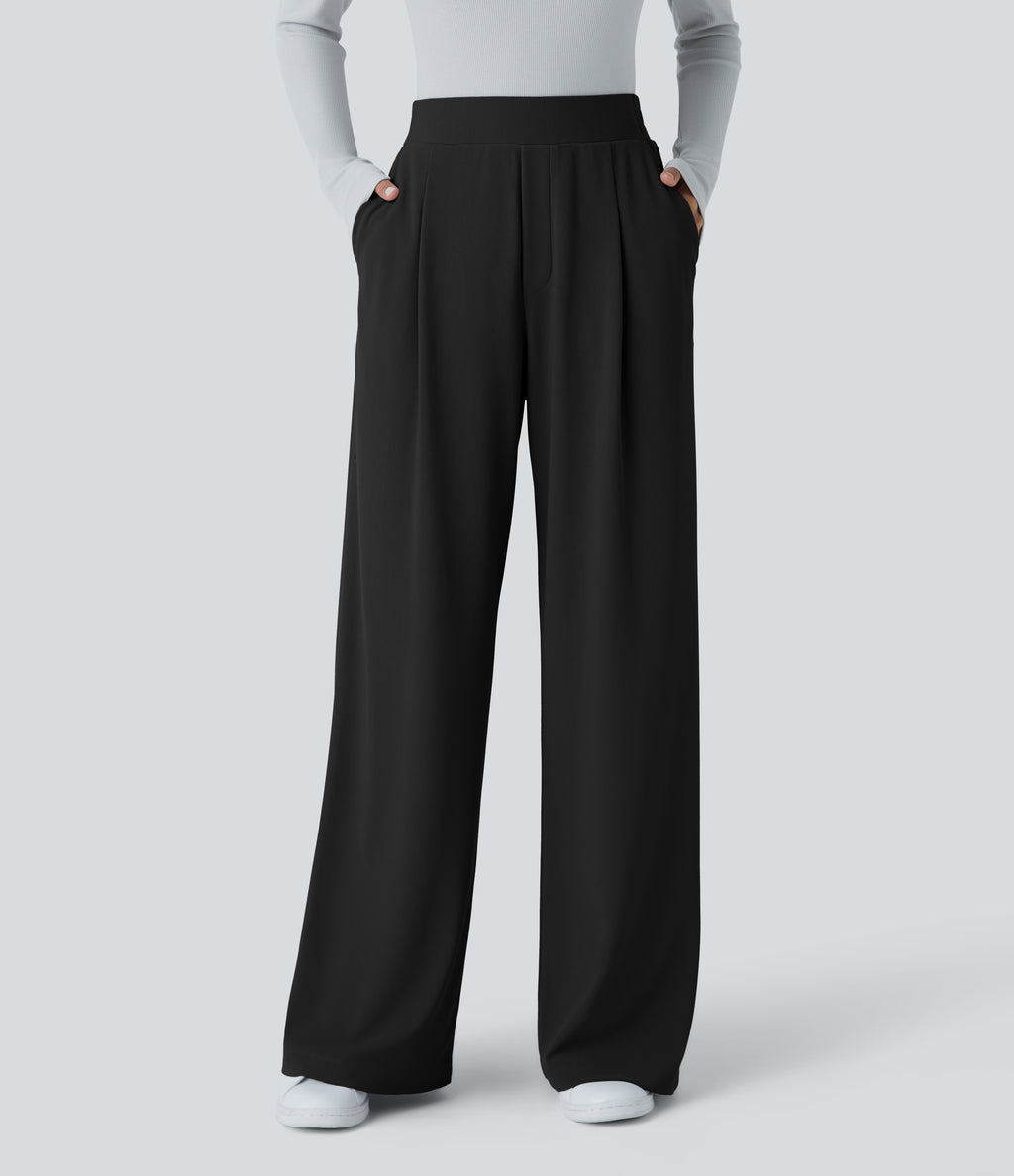 High Waisted Side Pocket Wide Leg Micro Waffle Work Trousers — Black — view 8