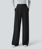 High Waisted Side Pocket Wide Leg Micro Waffle Work Trousers — Black — view 8
