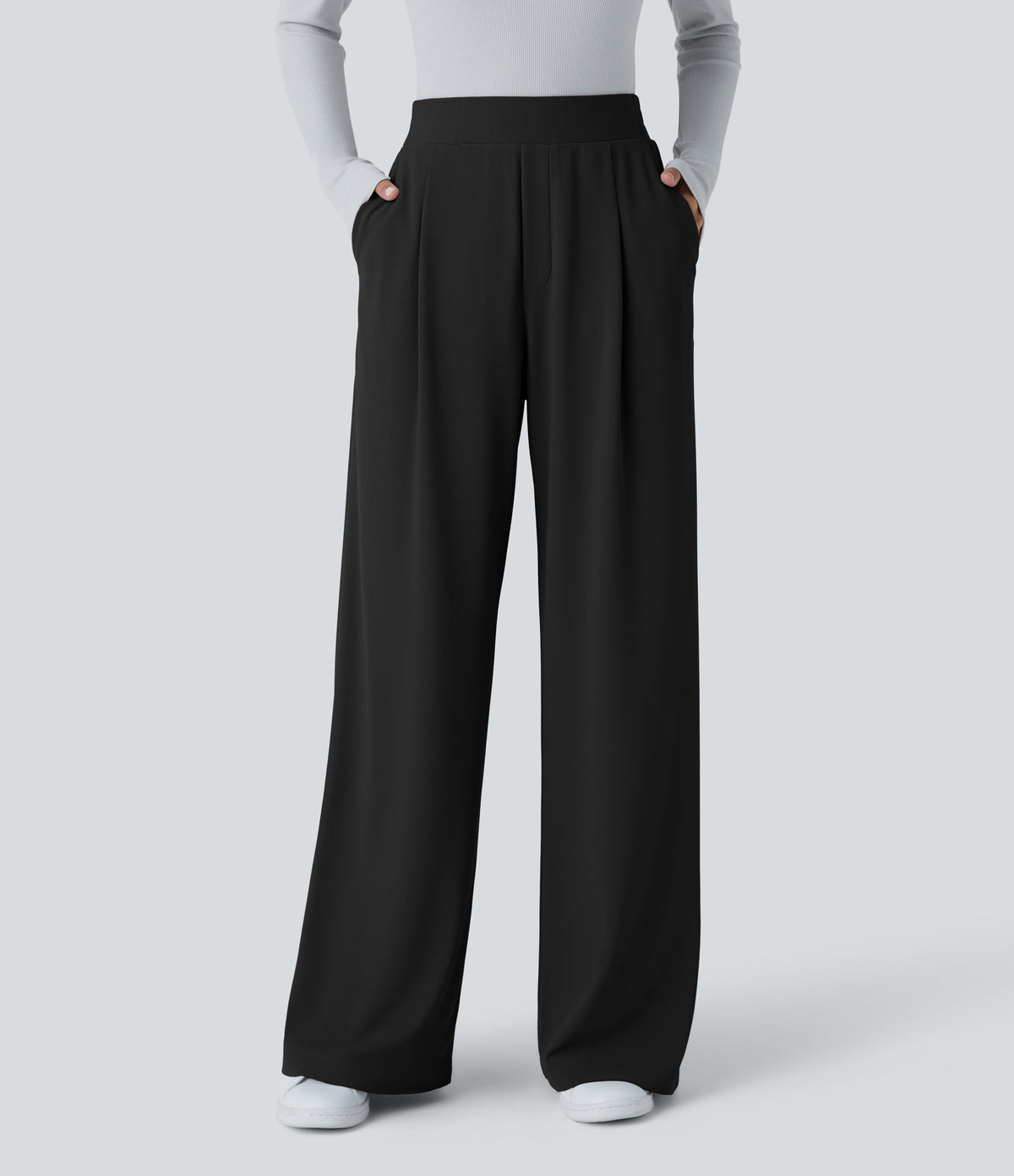 High Waisted Side Pocket Wide Leg Micro Waffle Work Trousers — Black — view 8