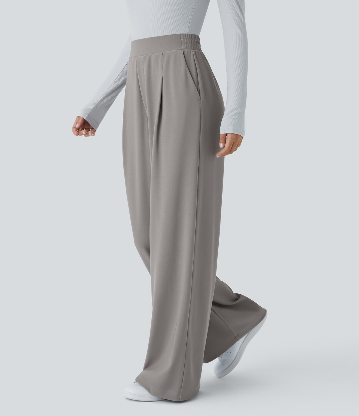 High Waisted Side Pocket Wide Leg Micro Waffle Work Trousers — Satellite — view 3