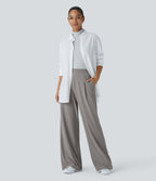 High Waisted Side Pocket Wide Leg Micro Waffle Work Trousers — Satellite — view 6