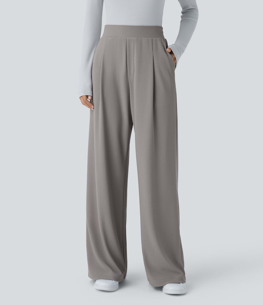 High Waisted Side Pocket Wide Leg Micro Waffle Work Trousers — Satellite — view 7