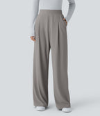 High Waisted Side Pocket Wide Leg Micro Waffle Work Trousers — Satellite — view 7