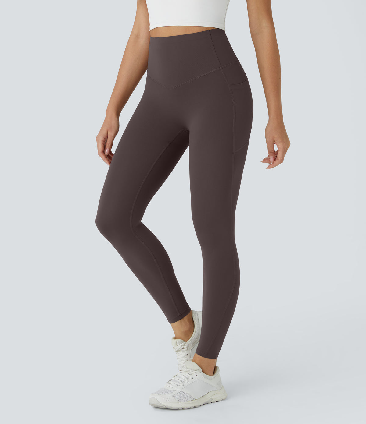 High Waisted Butt Lifting Tummy Control Pocket Shaping Workout Leggings — Hazelnut Black — view 3