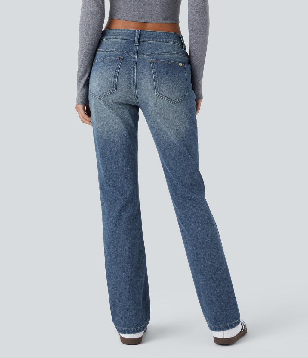 Low Rise Zipper Pockets Washed Casual Bootcut Jeans — Light Azure Blue Denim — view 2