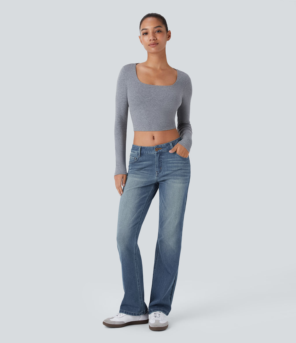 Low Rise Zipper Pockets Washed Casual Bootcut Jeans — Light Azure Blue Denim — view 6