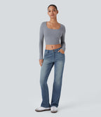 Low Rise Zipper Pockets Washed Casual Bootcut Jeans — Light Azure Blue Denim — view 6