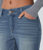 Low Rise Zipper Pockets Washed Casual Bootcut Jeans — Light Azure Blue Denim — view 4