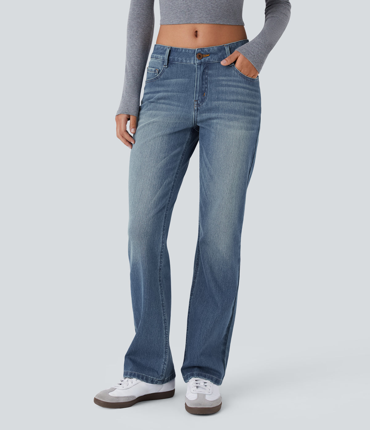 Low Rise Zipper Pockets Washed Casual Bootcut Jeans — Light Azure Blue Denim — view 1