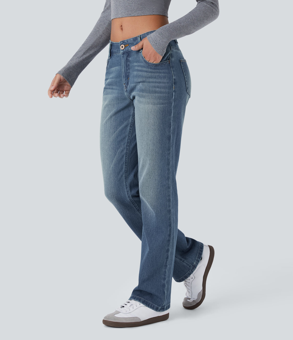 Low Rise Zipper Pockets Washed Casual Bootcut Jeans — Light Azure Blue Denim — view 3