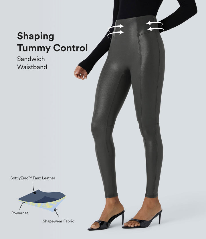 High Waisted Tummy Control Faux Leather Foil Print Stretchy Leggings — Shiny Dusk Black — view 1